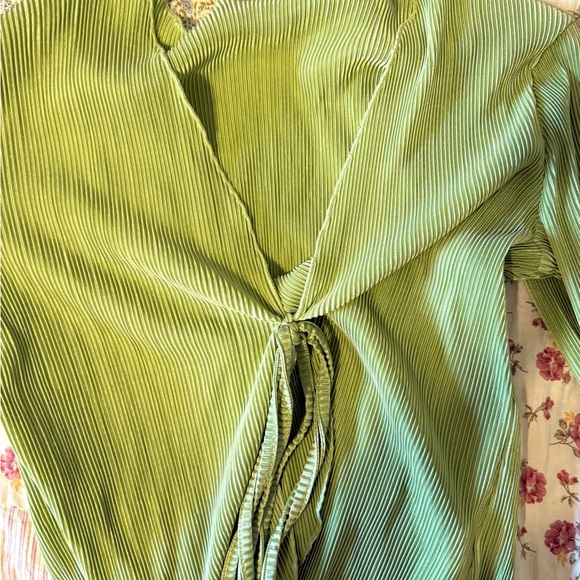Green Tie-Front Ribbed Top - Picture 2 of 3